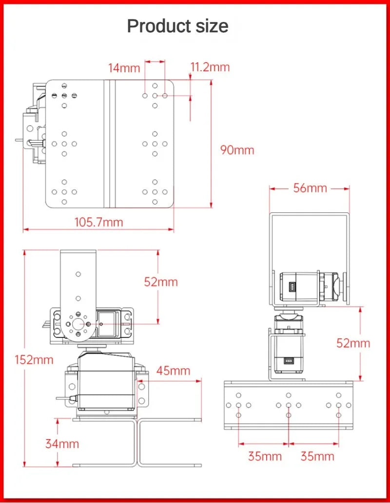 2 DOF Pan-Tilt Robot Gimbal Kit - Size Reference