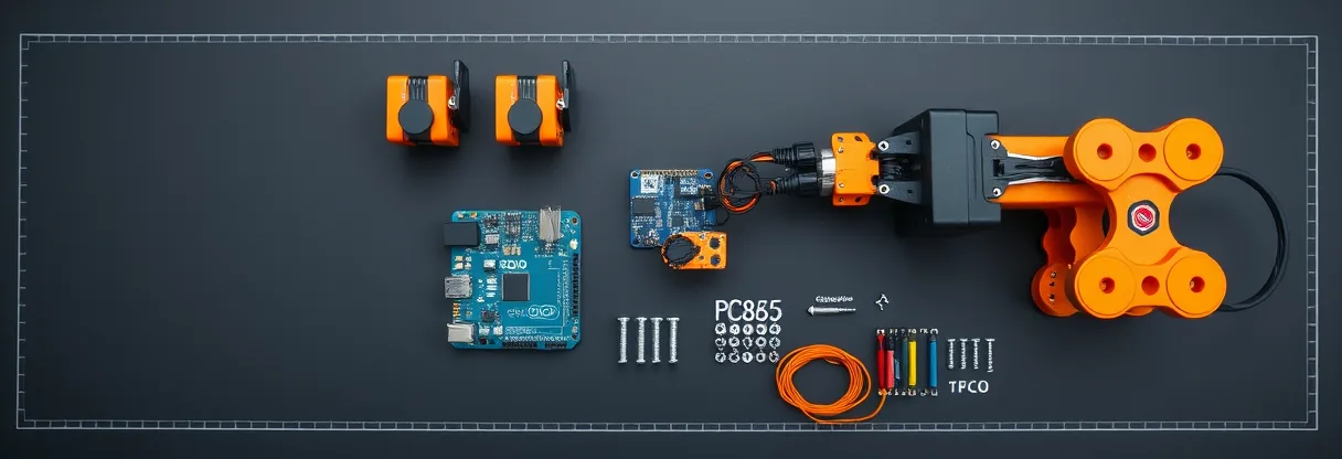 Robotic arm parts laid out on a workbench — servos, Arduino board, driver board and brackets
